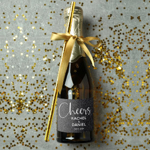 Cheers Faux BLACK GLITTER Wedding Mini Sparkling Wijnetiket