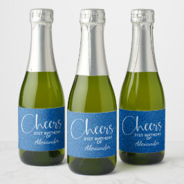 Cheers Faux Blue GLITTER Birthday Mini Sparkling Wijnetiket