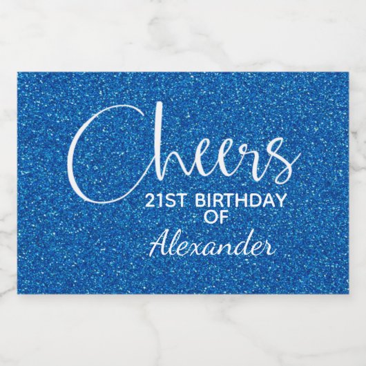 Cheers Faux Blue GLITTER Birthday Mini Sparkling Wijnetiket (Enkel label)
