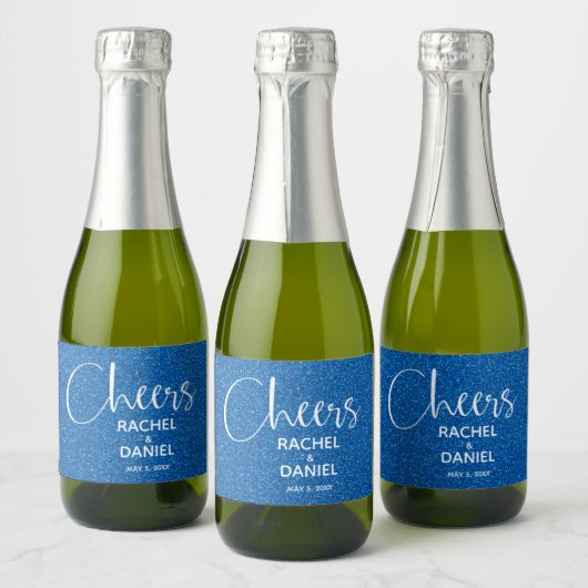 Cheers Faux BLUE GLITTER Wedding Mini Sparkling Wijnetiket (Flessen)