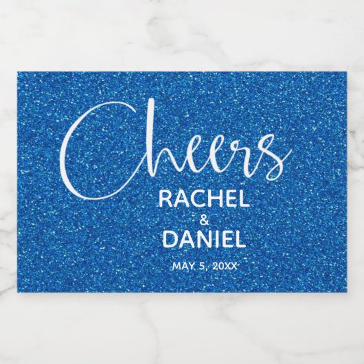 Cheers Faux BLUE GLITTER Wedding Mini Sparkling Wijnetiket (Enkel label)