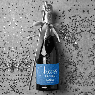 Cheers Faux BLUE GLITTER Wedding Mini Sparkling Wijnetiket