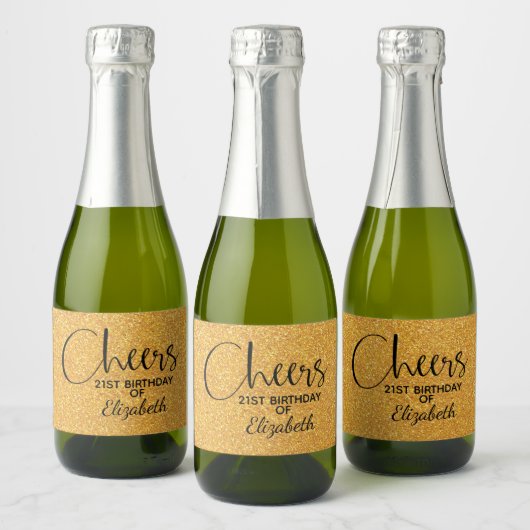 Cheers Faux Gold GLITTER Birthday Mini Sparkling Wijnetiket (Flessen)