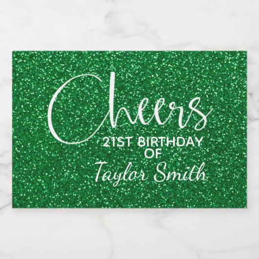 Cheers Faux Green GLITTER Birthday Mini Sparkling Wijnetiket (Enkel label)