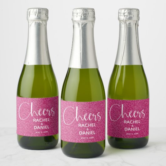 Cheers Faux HOT PINK GLITTER Wedding Mini Sparkling Wijnetiket (Flessen)