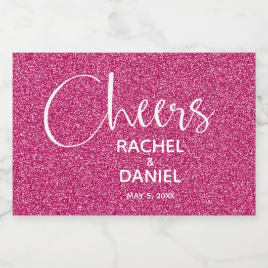 Cheers Faux HOT PINK GLITTER Wedding Mini Sparkling Wijnetiket (Enkel label)