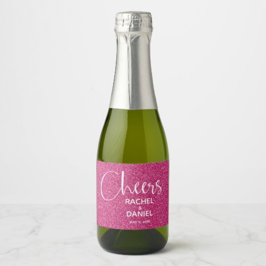 Cheers Faux HOT PINK GLITTER Wedding Mini Sparkling Wijnetiket (Voorkant)
