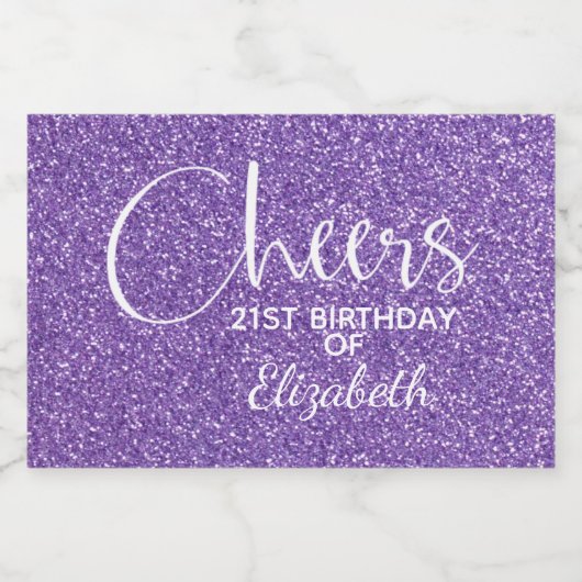 Cheers Faux Paarse GLITTER Birthday Mini Sparkling Wijnetiket (Enkel label)