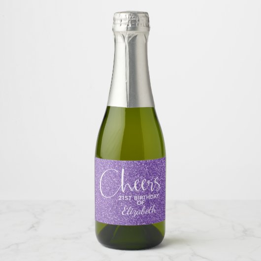 Cheers Faux Paarse GLITTER Birthday Mini Sparkling Wijnetiket (Voorkant)