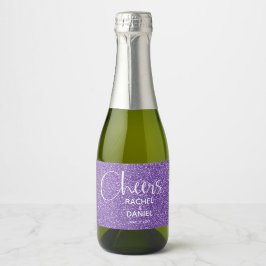 Cheers Faux PAARSE GLITTER Wedding Mini Sparkling Wijnetiket (Voorkant)
