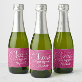 Cheers Faux Pink GLITTER Birthday Mini Sparkling Wijnetiket