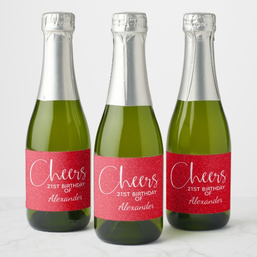 Cheers Faux Red GLITTER Birthday Mini Sparkling Wijnetiket (Flessen)