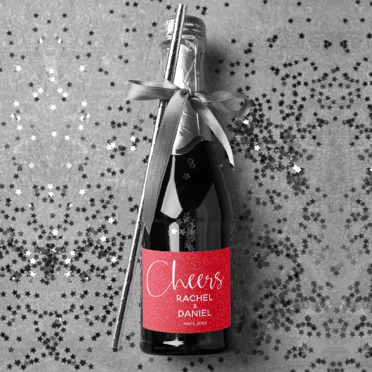 Cheers Faux RED GLITTER Wedding Mini Sparkling Wijnetiket