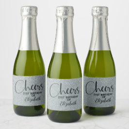 Cheers Faux Silver GLITTER Birthday Mini Sparkling Wijnetiket