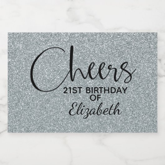 Cheers Faux Silver GLITTER Birthday Mini Sparkling Wijnetiket (Enkel label)