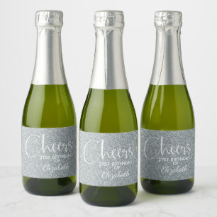 Cheers Faux Silver GLITTER Birthday Mini Sparkling Wijnetiket