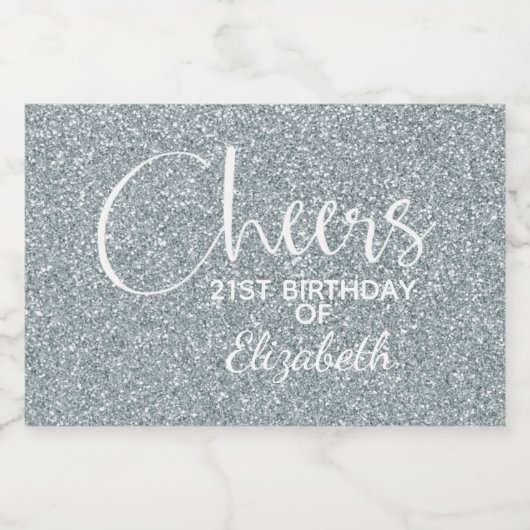 Cheers Faux Silver GLITTER Birthday Mini Sparkling Wijnetiket (Enkel label)