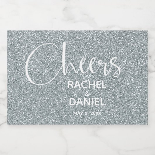 Cheers Faux SILVER GLITTER Wedding Mini Sparkling Wijnetiket (Enkel label)