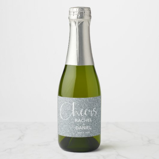 Cheers Faux SILVER GLITTER Wedding Mini Sparkling Wijnetiket (Voorkant)