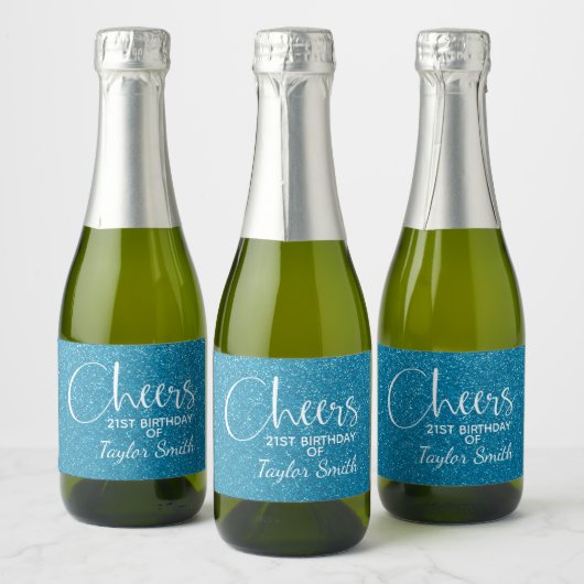 Cheers Faux Turquoise GLITTER Birthday Mini Sparkling Wijnetiket (Flessen)
