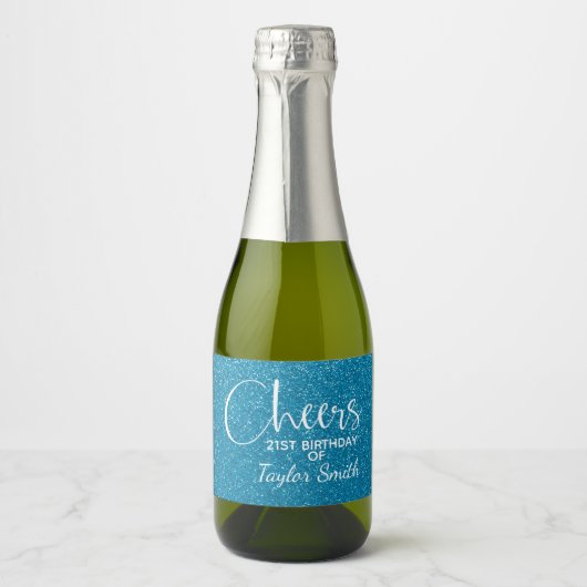 Cheers Faux Turquoise GLITTER Birthday Mini Sparkling Wijnetiket (Voorkant)