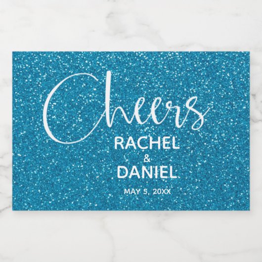 Cheers Faux TURQUOISE GLITTER Wedding Mini Sparkling Wijnetiket (Enkel label)