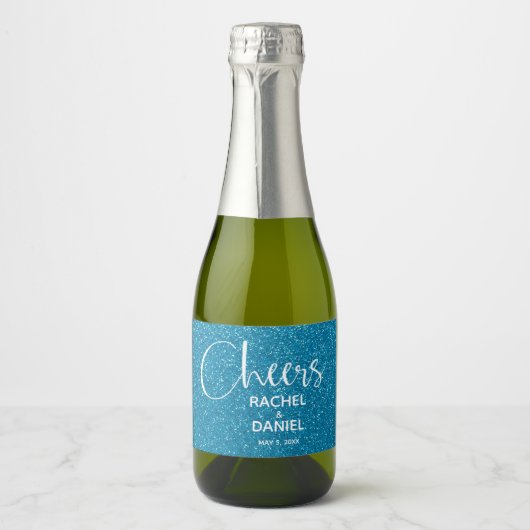 Cheers Faux TURQUOISE GLITTER Wedding Mini Sparkling Wijnetiket (Voorkant)