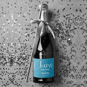 Cheers Faux TURQUOISE GLITTER Wedding Mini Sparkling Wijnetiket