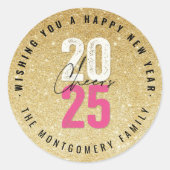 Cheers Fuchsia 2025 Gold Glitter Nieuwjaar Vakanti Ronde Sticker (Voorkant)