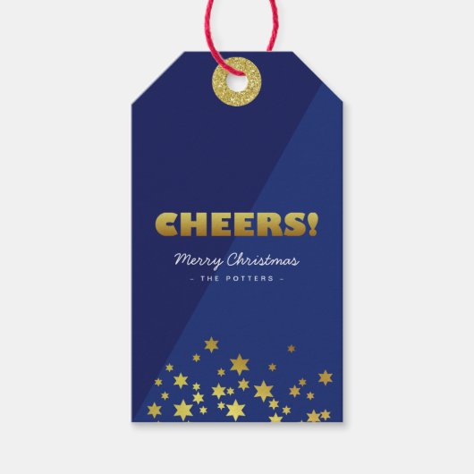 Cheers | Fun Christmas Blue & Gold Cadeaulabel (Voorkant)