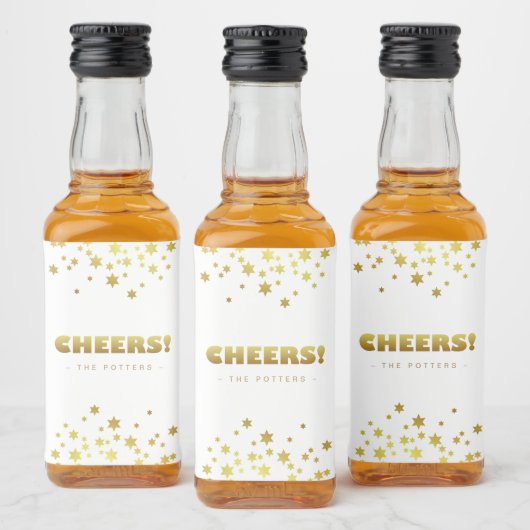 Cheers | Fun Christmas White & Gold Stars Mini Likeurfles Etiket (Flessen)