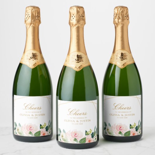 CHEERS | Geometrisch goud & blush bloemenbruiloft Sparkling Wijnetiket (Flessen)