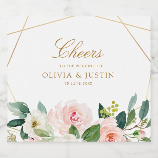 CHEERS | Geometrisch goud & blush bloemenbruiloft Sparkling Wijnetiket (Enkel label)