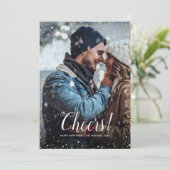 Cheers | Glitz Faux Glitter Foto Overlay Nieuwjaar Feestdagenkaart (Staand voorkant)