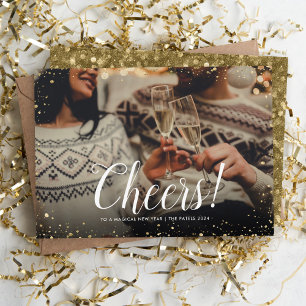 Cheers   Glitz Faux Glitter Foto Overlay Nieuwjaar Feestdagenkaart