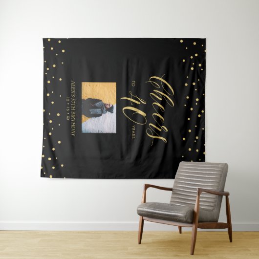 Cheers | Gold & Black 40th Verjaardagsfeestje Foto Wandkleed (In Situ (horizontaal))