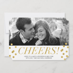 Cheers! Gold Confetti New Years Photo Holiday Card Feestdagenkaart