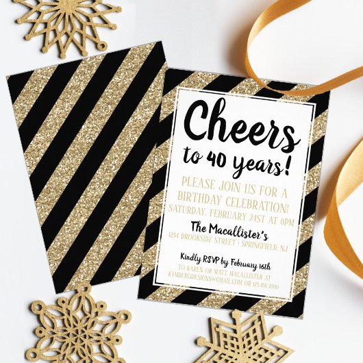Cheers! Gold Glitter Birthday Invitation Kaart