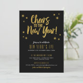 Cheers Gold Glitter Nieuwjaar Party uitnodiging (Staand voorkant)