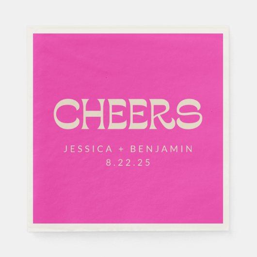 Cheers Groovy Hot Pink Typography Names Wedding Servet (Voorkant)