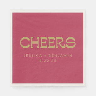 Cheers Groovy Magenta Gold Typography Name Wedding Servet