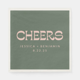Cheers Groovy Pink Green Typography Names Wedding Servet