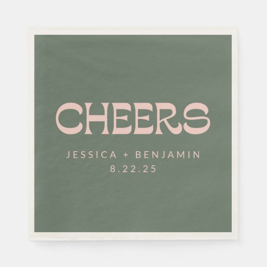 Cheers Groovy Pink Green Typography Names Wedding Servet (Voorkant)