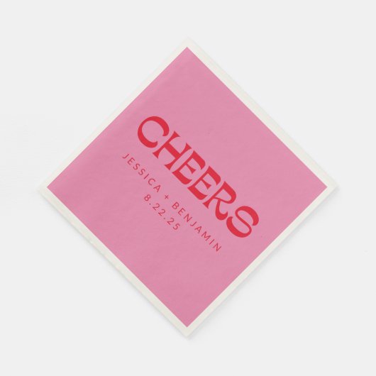 Cheers Groovy Pink Red Typography Names Wedding Servet (Hoek)