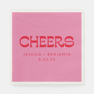 Cheers Groovy Pink Red Typography Names Wedding Servet
