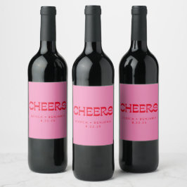 Cheers Groovy Pink Red Typography Names Wedding Wijn Etiket