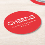 Cheers Groovy Red White Typography Names Wedding  Ronde Kartonnen Onderzetter<br><div class="desc">This modern red coaster features a bold “cheers” message in crisp white lettering for a fun,  festive touch. The simple layout makes it a great fit for weddings,  cocktail parties,  and rehearsal dinners. Personalize the names and date to match your event. A stylish party favor guests will enjoy using.</div>