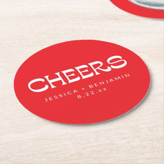 Cheers Groovy Red White Typography Names Wedding  Ronde Kartonnen Onderzetter (Gebogen)