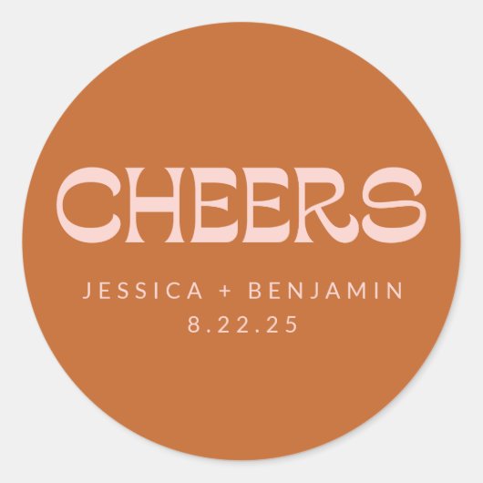 Cheers Groovy Terracotta Custom Names Wedding Ronde Sticker (Voorkant)