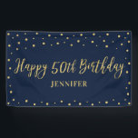 Cheers | Happy 50th Birthday Party Banner<br><div class="desc">Dit stijlvolle verjaardagsbannerontwerp is voorzien van de gouden "Happy 50th Birthday"-typografie op een blauw marineklein. U kunt naam en jaartekst en achtergrondkleur personaliseren. Perfecte decoratie voor je moderne chic 50ste verjaardagsfeestje. Als je overeenkomende objecten nodig hebt,  kun je contact met me opnemen via e-mail [barabomdesign@gmail.com]. Bedankt!</div>